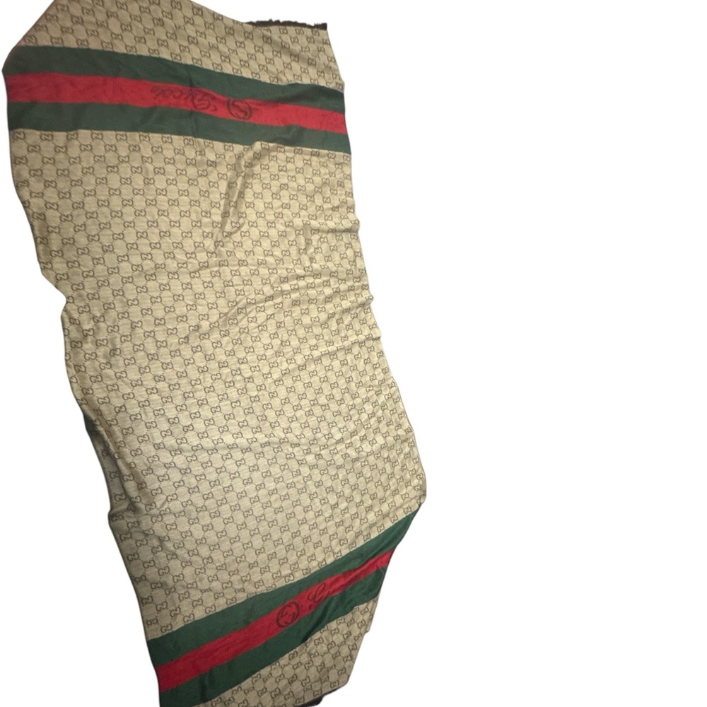 Gucci Beige Patterned Scarf with Red and Green Accents